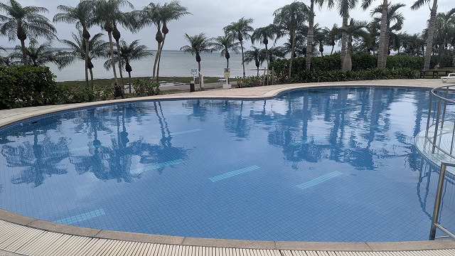 泳池和灌木叢，後方的大海